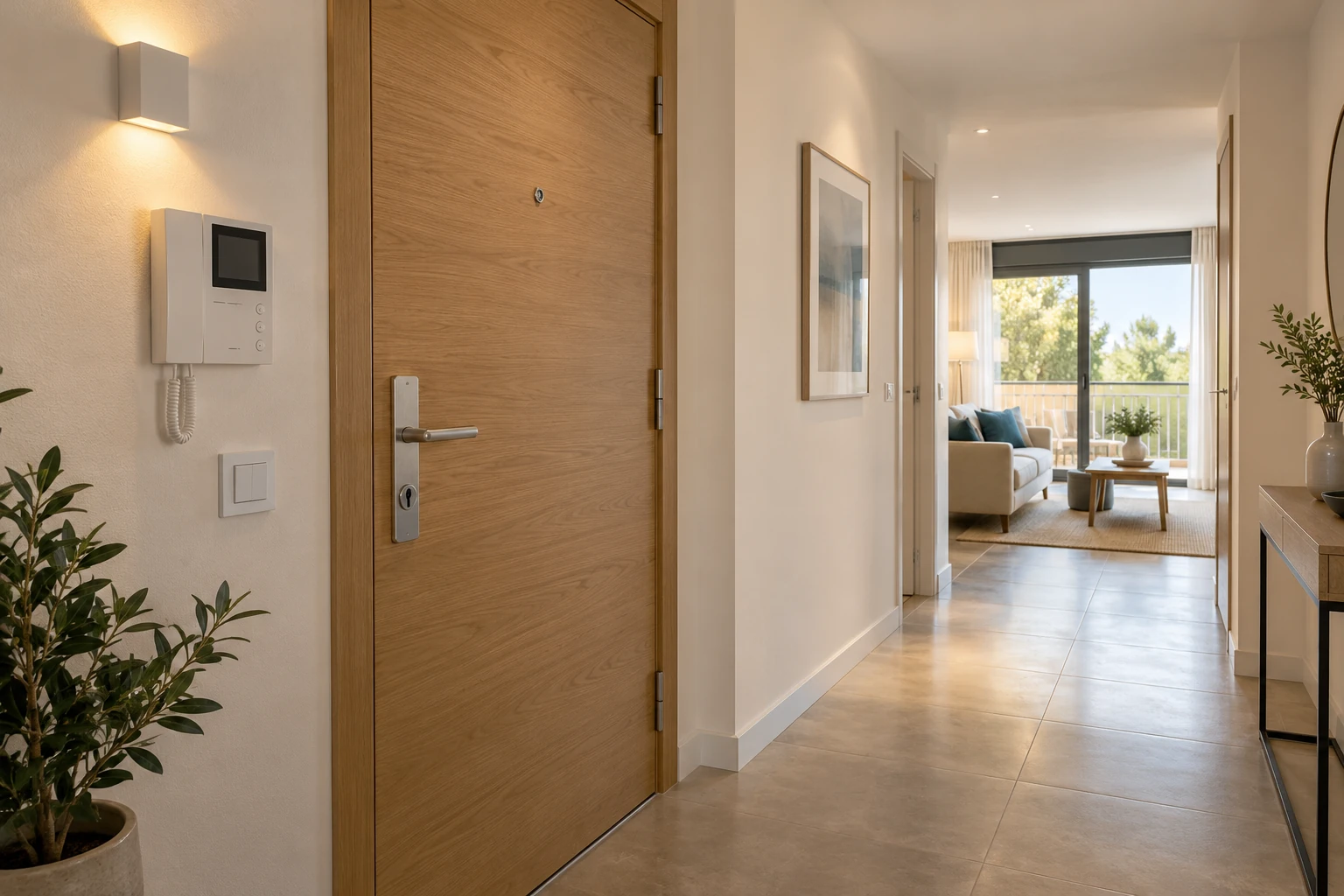 Ilustración de un recibidor de vivienda con puerta y portero electrónico