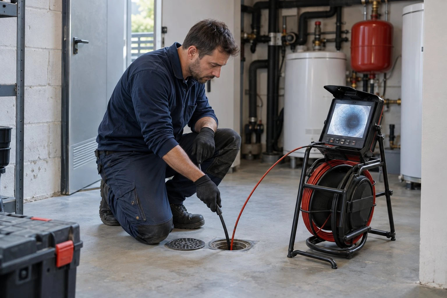 Ilustración de una inspección de desagüe con cámara en un cuarto de instalaciones